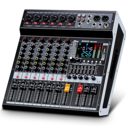 BOMGE Powr Mixers Audio, 6Channel Power Sound Mixer Amplifier 2 * 400W Dj Mixer Board withUSB, 6 X Mic Pres, +48V, Bluetooth, 256 Kinds of DSP for Speakers,concert party, karaoke studio