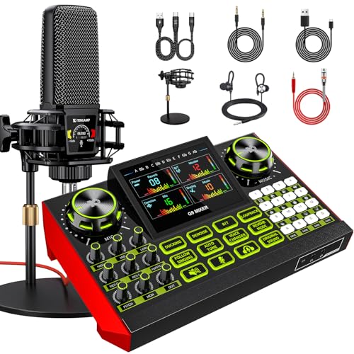 Podcast Equipment Bundle with Audio Mixer Sound Card and Podcast Microphone, Compatible with PC and Mobile Phones for Live Streaming, Singing, Recording, and Content Creation