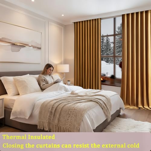 Timeper Gold Brown Velvet Curtains W62 x L84 inches 2 Panels, Light Blocking Curtains for Bedroom Living Room Thermal Insulated Luxury Super Soft Window Drapes,Back Tab & Rod Pocket - color: Gold Brown, size: 62"W x 84"L (Pack of 2)