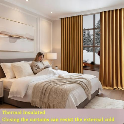 Timeper Gold Brown Velvet Curtains W62 x L84 inches 2 Panels, Light Blocking Curtains for Bedroom Living Room Thermal Insulated Luxury Super Soft Window Drapes,Back Tab & Rod Pocket - color: Gold Brown, size: 62"W x 84"L (Pack of 2)