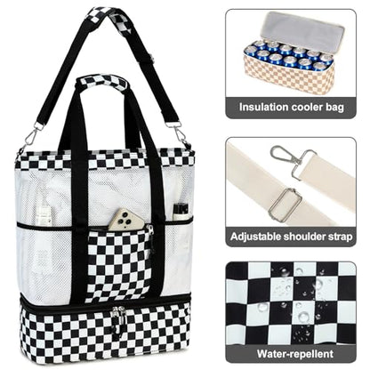 Bluboon Mesh Beach Tote Bag with Cooler Compartment Insulated Detachable Picnic Bag with Zipper and Pocket Pool Bag for Women - color: A-black and White Grid