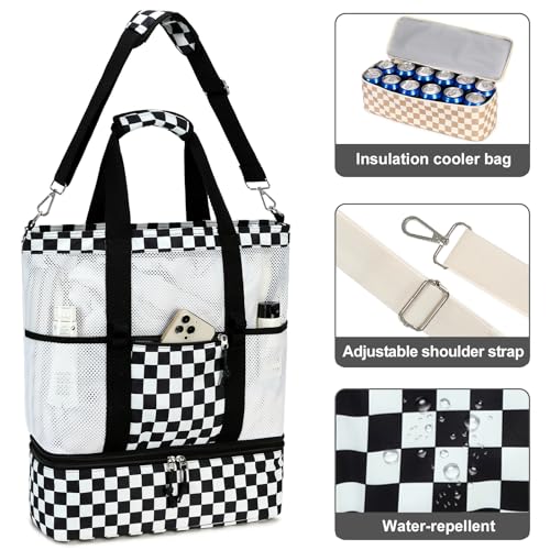 Bluboon Mesh Beach Tote Bag with Cooler Compartment Insulated Detachable Picnic Bag with Zipper and Pocket Pool Bag for Women - color: A-black and White Grid