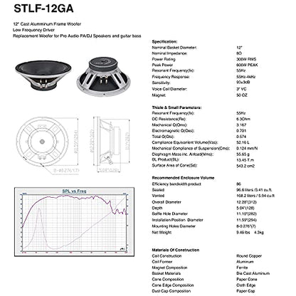 Sound Town 12” 300W Cast Aluminum Frame Woofer w/ 3" Voice Coil, Replacement Woofer for PA/DJ Speaker, Bass Guitar Cabinets (STLF-12GA) - size: 12"