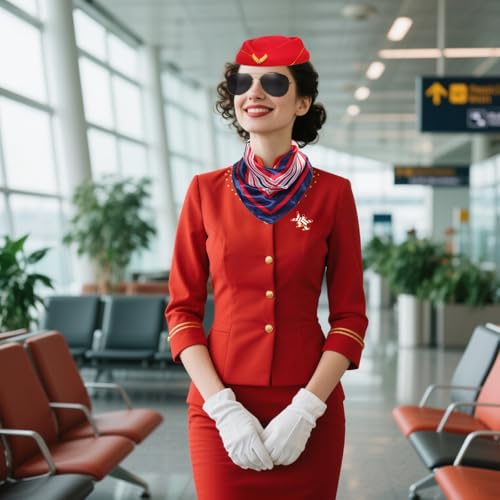 5 Pcs Flight Attendant Costume Accessories Women Airline Stewardess Outfits Flight Attendant Hat Pin Sunglasses Scarf Gloves - color: Red