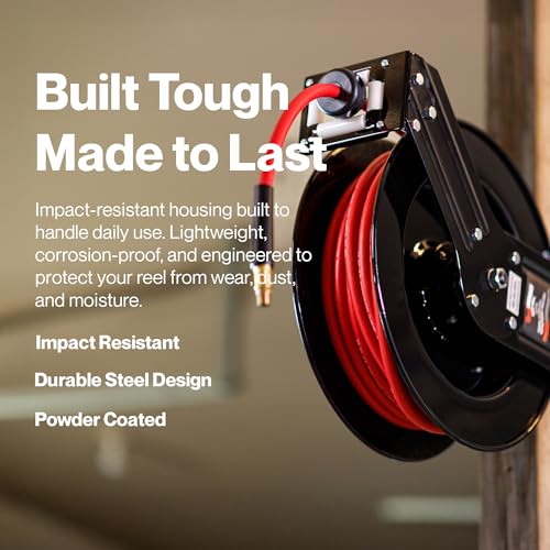 ReelWorks Air Hose Reel 3/8" Inch x 50' Foot SBR Rubber Hose Max 300PSI Commercial Steel Construction | Corrosion Resistant Powder Coating, Commercial Frame Supports Garage Air Service