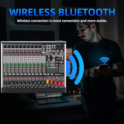 12 Channel Audio Mixer Professional Sound Mixing Board with 99 DSP Effects, 7-band EQ Digital DJ Mixer Console w/USB Bluetooth MP3 for Recording, Independent 48V Power & Mute Button - size: 12 Channel - 17.9inch