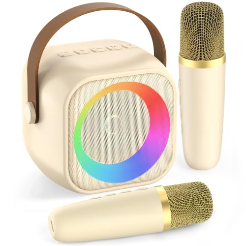 Karaoke Machine,Mini Portable Karaoke Speaker with 2 Wireless Microphones - color: Beige