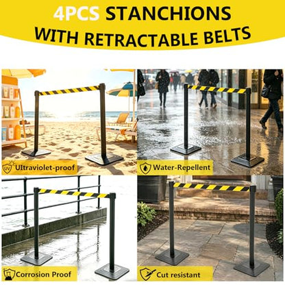 4 Pack Crowd Control Stanchions with 10FT Retractable Belt, 41" Black Queue Barriers with Heavy Rubber Base, Stable Stanchion Posts for Hotel, Airport, Bank, Store, Event(Yellow Black Stripe) - color: YELLOW BLACK STRIPE BELT
