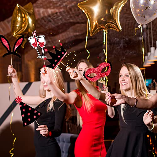 Zonon 24 Pcs Photo Booth Props Set Black Gold Birthday,Red and Black | Props on Sticks for Wedding, Reunion, Prom, Includes Mustache, Hats, Glasses, Ties, Lips, Crowns, Fun Party Accessories - color: Red and Black