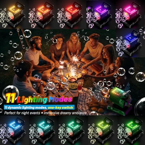 SHCKE Bubble Machine with Remote Control, Auto Rotation & 11 RGB Lights | Rechargeable/USB-C,Top-Fill Portable Bubble Maker for Kids,Outdoor,Birthday Parties,Wedding,Camping,Pool - color: Black