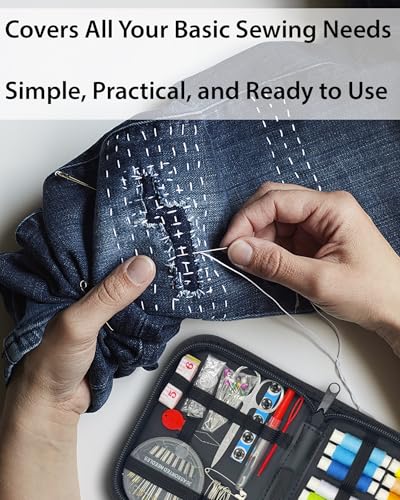 Vellostar Mini Hand Sewing Kit for Adults, Small Travel Case, 18 Threads | This travel sewing kit adds a needle threader, seam ripper, safety pins and measuring tape, not just thread and needles - color: Mini Black