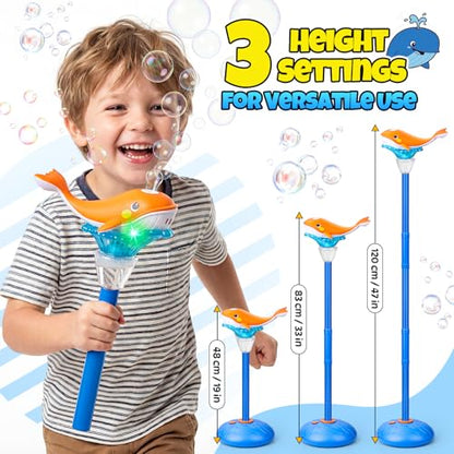 Standing Bubble Machine for Kids Outdoor, Whale Bubble Torch with Light Music Lamp, 47" Adjustable Height Automatic Bubble Blower Maker Tower Fountain for Party,Stand Up Outside Handheld Lanterns Toys