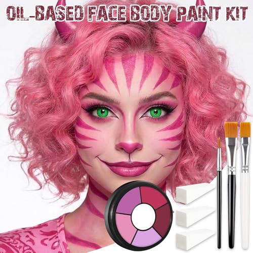 BOBISUKA Pink Cream Face & Body Paint Palette Kit with 3 Brushes 3 Sponges, Highly Pigmented Easy to Blend Long Lasting Halloween Makeup for Clown, Skull, Devil, Demon,Mermaid Costume & Theme - color: 06 Twisted Carnival Pink