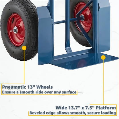 Heavy-Duty Commercial 660 lb Hand Truck Dolly with 13" Pneumatic Wheels, Steel Cart with Handle and Toe Plate, Ideal for Warehouse, Moving, Delivery, Blue - color: Blue, size: 660lb.