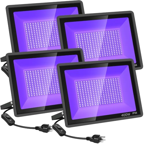 YANYCN 4 Pack 400W LED Black Light,Black Flood Light Outdoor with Plug and Switch, IP66 Waterproof 395nm to 405nm LED UV Blacklight Neon Glow for Glow Party, Halloween, Fluorescent Poster, Body Paint - size: 4pack 400W led black light