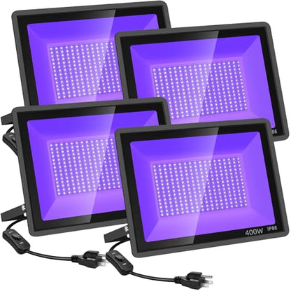 YANYCN 4 Pack 400W LED Black Light,Black Flood Light Outdoor with Plug and Switch, IP66 Waterproof 395nm to 405nm LED UV Blacklight Neon Glow for Glow Party, Halloween, Fluorescent Poster, Body Paint - size: 4pack 400W led black light