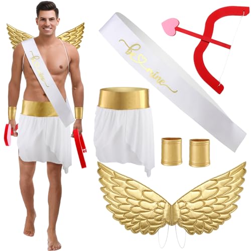 Cozypower 7 Pcs Halloween Cupid Costume Adult Wings Arrow Sash | Include Wings Arrow Bow Wrist Cuffs Body Sash Kilt for Halloween Dress Up - color: Gold, size: X-Large