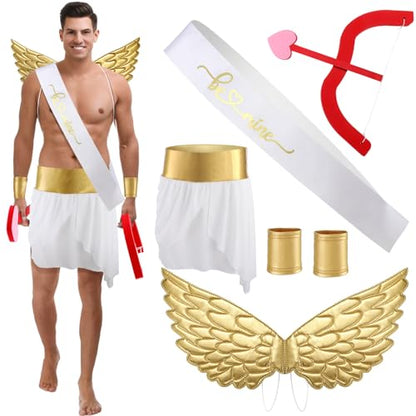 Cozypower 7 Pcs Halloween Cupid Costume Adult Wings Arrow Sash | Include Wings Arrow Bow Wrist Cuffs Body Sash Kilt for Halloween Dress Up - color: Gold, size: X-Large