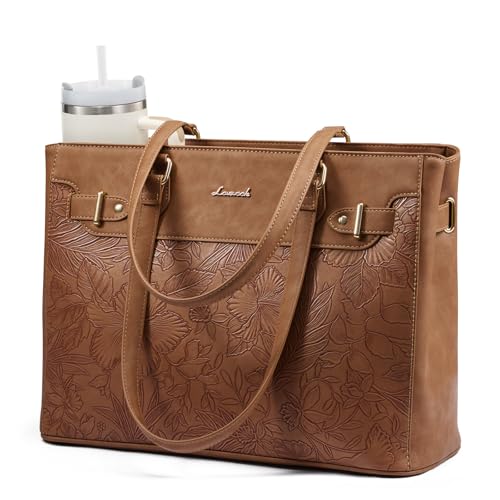 LOVEVOOK Laptop Tote Bag for Women Work, Teacher Tote Bag with Large Cup Holder, Waterproof Leather Computer Bag - color: Brown-print, size: 17.3 inch