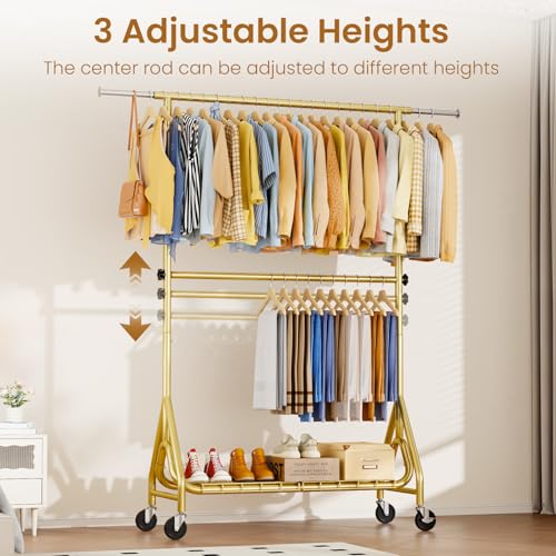 Double Rods Clothing Rack, Heavy Duty Clothes Rack for Hanging Clothes Load 560LBS, Metal Rolling Garment Racks with Wheels, Freestanding Clothes Hanging Racks, Gold - color: Gold, size: Double Rods