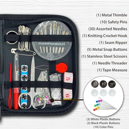 Vellostar Mini Hand Sewing Kit for Adults, Small Travel Case, 18 Threads | This travel sewing kit adds a needle threader, seam ripper, safety pins and measuring tape, not just thread and needles - color: Mini Black