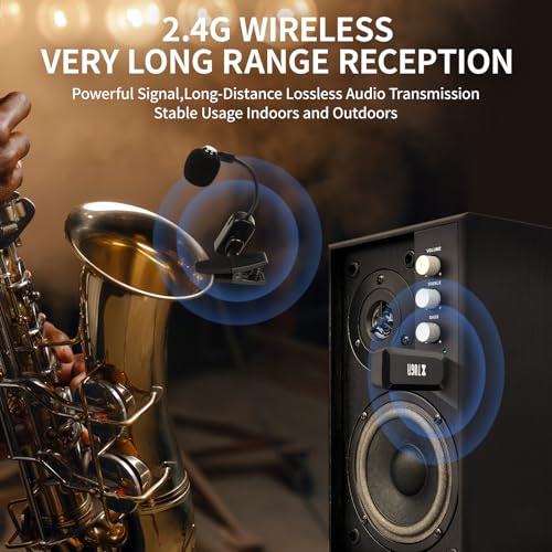 XTUGA Wireless Saxophone Microphone System 2.4G Rechargeable Clip-On Wireless Instrument Microphone, Trumpet, Trombone Brass, 6 Hours Battery (KX-721-2)