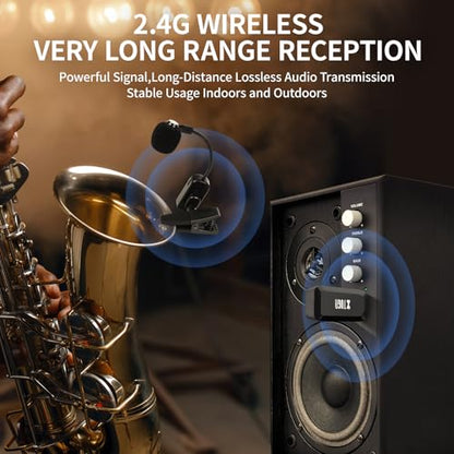 XTUGA Wireless Saxophone Microphone System 2.4G Rechargeable Clip-On Wireless Instrument Microphone, Trumpet, Trombone Brass, 6 Hours Battery (KX-721-2)