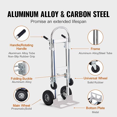 VEVOR Aluminum Truck, 2 in 1, 800 lbs Load Capacity, Heavy Duty Industrial Convertible Folding Hand Truck and Dolly, Utility Cart Converts from Hand Truck to Platform Cart with Rubber Wheels | 2 in 1 Aluminum Truck with Rubber Wheels, Utility Cart Convert