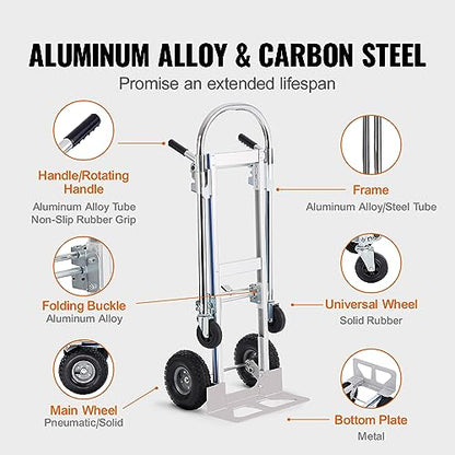 VEVOR Aluminum Truck, 2 in 1, 800 lbs Load Capacity, Heavy Duty Industrial Convertible Folding Hand Truck and Dolly, Utility Cart Converts from Hand Truck to Platform Cart with Rubber Wheels | 2 in 1 Aluminum Truck with Rubber Wheels, Utility Cart Convert