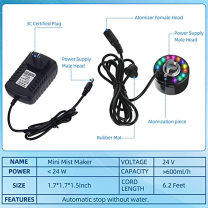 Maitys 2 Pcs Mist Maker Fogger Small Ultrasonic Fog Machine Fountain Halloween Cauldron Mister Fogger Water Garden Pond Foggers Air Humidifier with 12 LED Light Flashes for Party (Light, Plastic)
