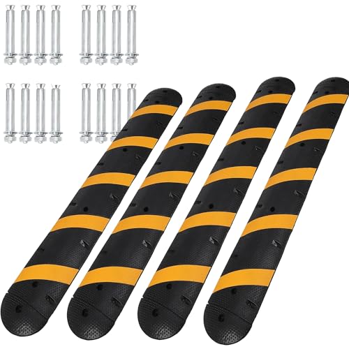 4 Pack 6 ft Rubber Speed Bump with 2 End Caps, 25000 lbs Load Capacity Speed Humps with 2 Channel Floor Cord Cover, Heavy Duty Cable Protector Ramp for Asphalt Concrete Gravel Driveway Road