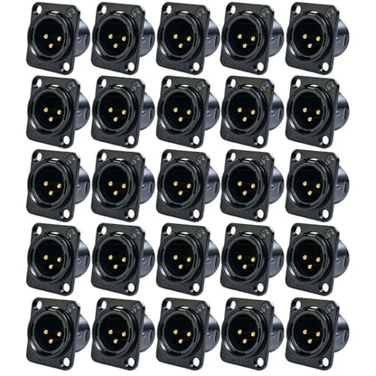 RIVIERA XLR Panel Mount Chassis 3pin Male Black Nickel-Plated Metal Housing and 24K Gold-Plated Contacts(25 Male Black) - color: Black, size: Male