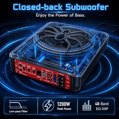10" 1200W Slim Under-Seat Powered Car Subwoofer with Built-in Amp | Aluminum enclosure, high and low level RCA and speaker inputs, wired remote control, blue LED light, fits truck SUV Jeep MPV