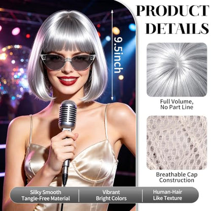 Short Bob Straight Hair Wigs with Bangs, Synthetic Fiber Colorful Hair, Cat Eye Glasses for Women (Light Gray) - color: Light Gray