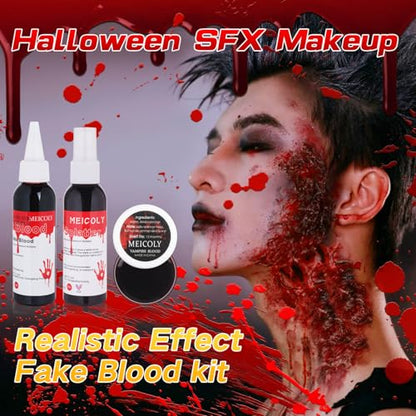 MEICOLY 4PCS Halloween Fake Blood Makeup Kit,Special Effects SFX Makeup Set for Zombie Vampire Monster Cosplay,2.1oz Fake Blood Spray+2.1oz Dripping Blood+1.06oz Coagulated Blood+Stipple Sponge - color: fake blood kit