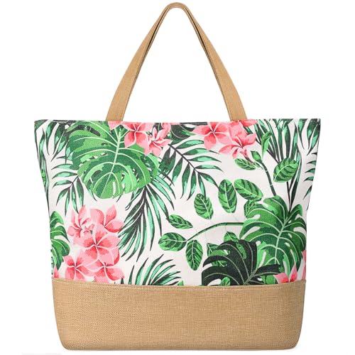Trifabricy Beach Bags for Women,Waterproof Straw Beach Tote Bag With Zipper - color: Pink Floral