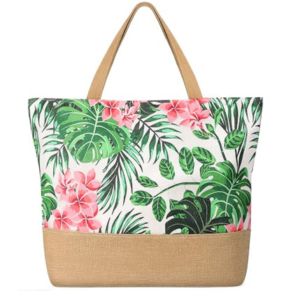 Trifabricy Beach Bags for Women,Waterproof Straw Beach Tote Bag With Zipper - color: Pink Floral