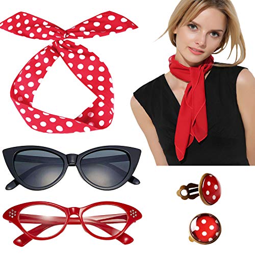 Breevo 50s Costume Accessories Set Women Scarf Headband Glasses | Includes Bandana Scarf, Headband, Clip-on Earrings, and Cat-Eye Glasses; Chiffon Scarf - color: Red