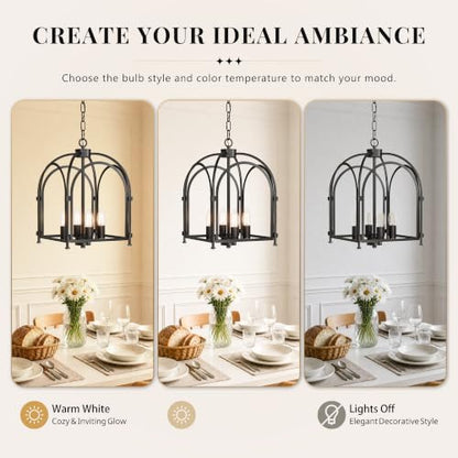 Phaosio 4-Light Black Chandelier, Farmhouse Lantern Chandelier | Industrial Metal Cage Light Fixture, Rustic Geometric Design, Adjustable Height, E12 Base, Kitchen Island, Entryway, Foyer - color: Black (Arch Cage)