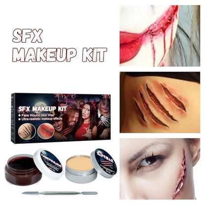 Halloween Fake Blood SFX Makeup Kit – 7PCS Special Effects Set with Fake Blood Spray, Liquid Latex+Scar Wax+Fake Blood Gel+Spatula Tool & 2 Stipple Sponges – Vampire Zombie Makeup Kit for Face & Body - color: # 7PCS SFX Makeup Kit