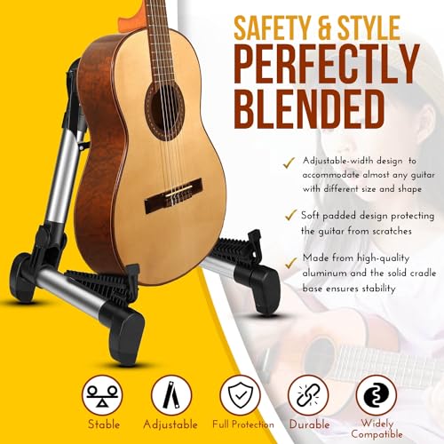 Flexzion Guitar Stand Folding Adjustable A-Frame Floor Portable Instrument Stand Rack Holder for Acoustic Electric Classical Guitar and Bass, Violin, Ukulele, Banjo, Mandolin Portable Lightweight | Portable Aluminum-Alloy Frame Weighs Less Than 1 Lb and F