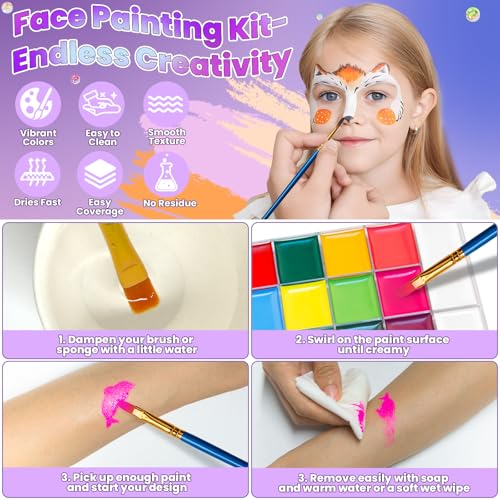 26 Colors Face Painting Kit, Oil-Based Face & Body Paint Palette | Complete Face Paint Kit with Brushes, Stencils, Glitter & Gems for Halloween, Parties, Festivals, Cosplay and Creative Events - color: 26 Colors