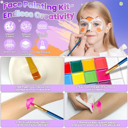 26 Colors Face Painting Kit, Oil-Based Face & Body Paint Palette | Complete Face Paint Kit with Brushes, Stencils, Glitter & Gems for Halloween, Parties, Festivals, Cosplay and Creative Events - color: 26 Colors