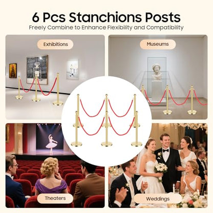 6-Pack Gold Stanchion Posts with Red Velvet Ropes - 37.4" Crowd Control Barriers for Events, Weddings, Museums, 4-Way Hook Connection, Heavy-Duty Base