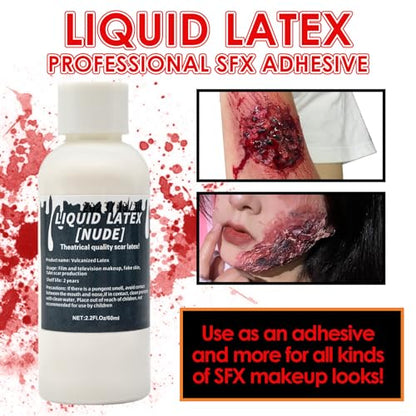 2.2 fl oz Liquid Latex Halloween SFX Makeup Kit, Clear Adhesive Latex Glue for Skin Special Costume Effects for Realistic Scar Cut Wounds Peeling Skin Wrinkes Burns, Light Flesh Body and Face Glue
