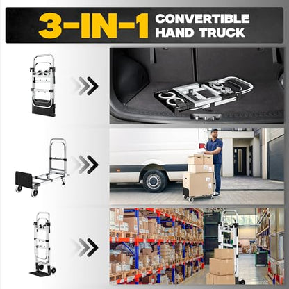3-in-1 Convertible Dolly Cart, 600LBS Heavy Duty Hand Truck Dolly | Collapsible Cart with Adjustable Handle Angle & Expandable Base, for Luggage, Cartons, Warehouse, Office, Black - size: Middle-Black