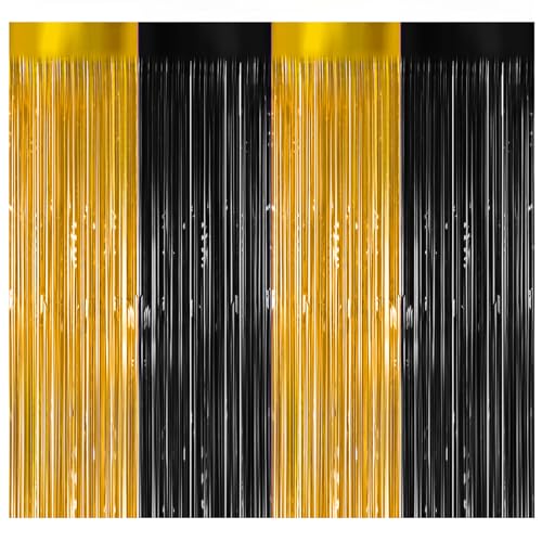 Ishua 2pcs Foil Fringe Curtains Black and Gold, 3.3x6.6ft Tinsel Streamer Backdrops Foil Fringe Curtains for Birthday, Graduation Party (Gold and Black) - color: Gold and Black