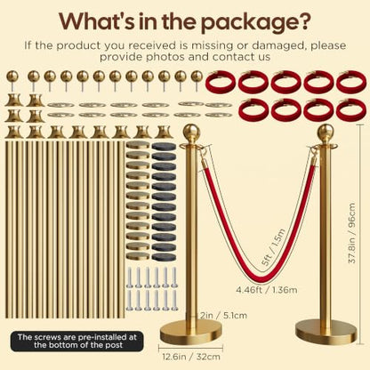 12 Pcs Gold Stanchions and Velvet Ropes Set, Stainless Steel Crowd Control Barriers, 8Pcs Red Carpet Ropes and Poles for Party Supplies,360 Photobooth,Prom,Birthday,Business,Wedding,Museums (2package) - color: Gold, size: 12pcs
