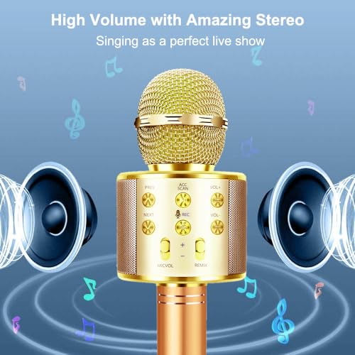 Microphone for Kids Voice Changer Karaoke Microphones Boy Girl Gifts Age 3-12 Portable Child Microphone Karaoke Kid Wireless Bluetooth Microphones Birthday - color: Gold