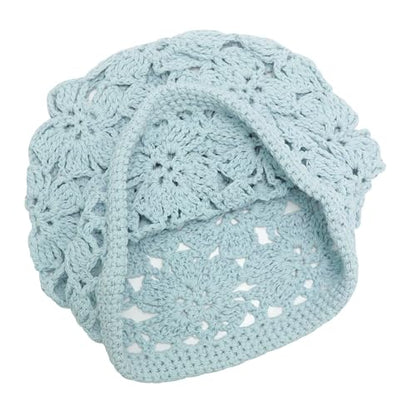ZLYC Women Cotton Crochet Slouchy Beanie Hat Handmade Knit Summer Skull Cap | Lightweight breathable,boho casual chic look,travel photos festival party,café commute daily wear,beach concert gathering - color: Crochet Blue